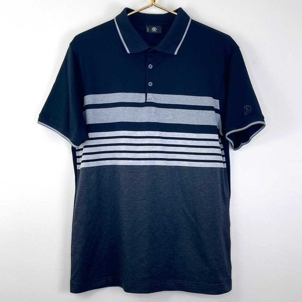 Bogner Short Sleeve Polo Shirt Black with White & Gray Stripes Size: L